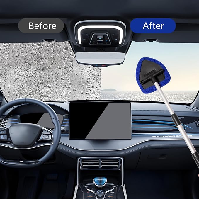 10pcs Windshield Cleaning Tool Inside Car Window Cleaner Wash Kit with 4 Reusable Microfiber Pads 1 Spray Bottle and Extendable Handle Interior Auto Glass Wiper Kit, Blue&Gray