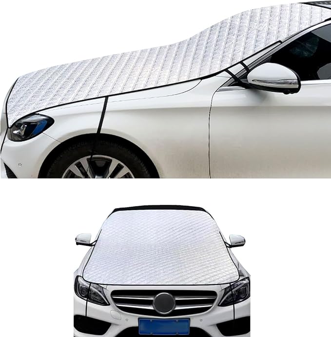 Car Front Windshield Snow Cover for Ice and Snow, Windshield Engine Hood Rear-View Mirror Protection Heat Insulation Half Cover, Essential Winter Car Accessories, Universal for Most Cars (Silver)