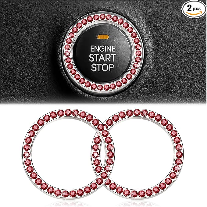 Bling Car Engine Start Ring Decals, 2PCS Crystal Rhinestone Vehicle Push Start Button Cover Sticker, Key Ignition Knob Ring, Sparkling Automotive Interior Accessories (Red)