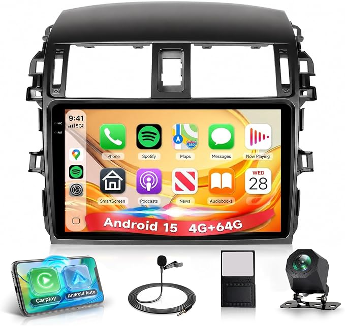 4G+64G Car Stereo for Toyota Corolla 2008-2013 Android 15 Car Radio Wireless CarPlay Android Auto, GPS 5G-WiFi 9 Inch INCELL Screen Bluetooth FM/RDS EQ Mirror Link + AHD Backup Camera