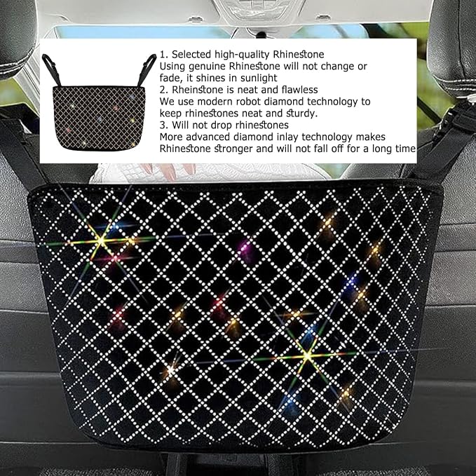 Bling Car Net Pocket Handbag Holder, Rhinestone Vehicle Backseat Purse Organizer Between Seats, Diamond Hanging Storage Bag Barrier of Pet Kids, Universal Automotive Accessories (Multicolor)