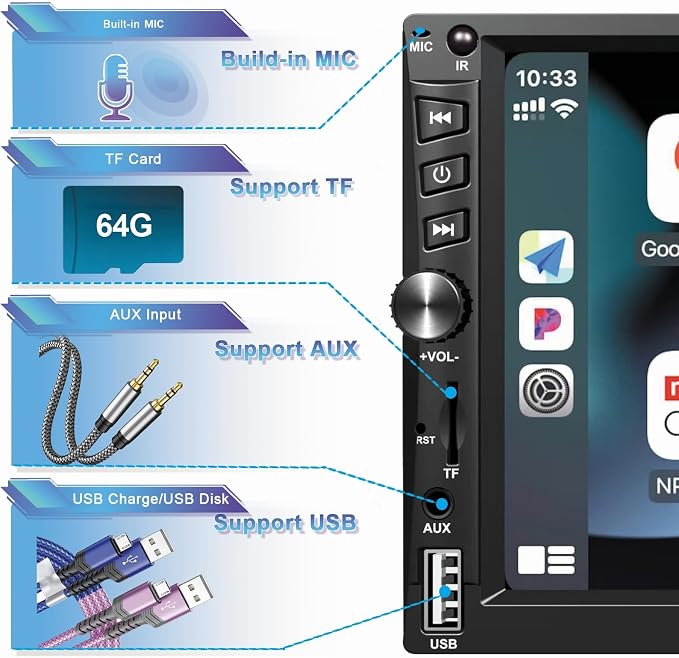 Wireless Double Din Car Stereo Works with Apple Carplay,7 Inch HD 1024 * 600 Touchscreen with Bluetooth 5.1,FM Car Radio,GPS Navigation,Backup Camera,Android Auto,Voice Control,USB/AUX/TF/SWC