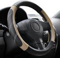 Sport Leather Steering Wheel Cover 14 1/2 inch to 15 inch Universal, Padded Soft Grip Breathable for Car Truck SUV Jeep, Anti Slip Odorless Black and Beige