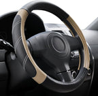 Sport Leather Steering Wheel Cover 14 1/2 inch to 15 inch Universal, Padded Soft Grip Breathable for Car Truck SUV Jeep, Anti Slip Odorless Black and Beige