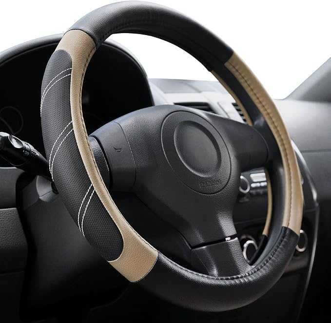 Sport Leather Steering Wheel Cover 14 1/2 inch to 15 inch Universal, Padded Soft Grip Breathable for Car Truck SUV Jeep, Anti Slip Odorless Black and Beige