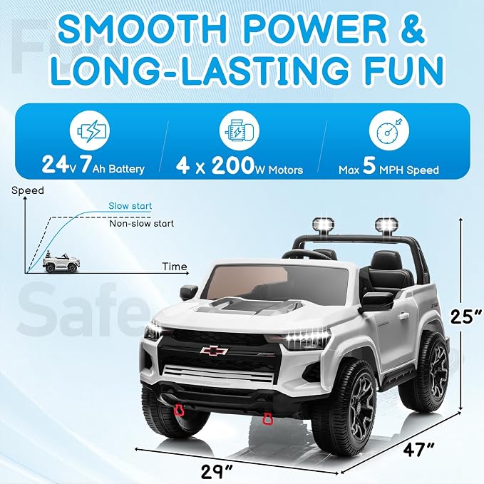 24V Licensed Chevrolet Colorado Electric Car for Kids, Ride on Toys for Toddlers with Remote Control, 2 Seater Electric Car Ride On Vehicle w/Bluetooth, Soft Start, LED Lights - White