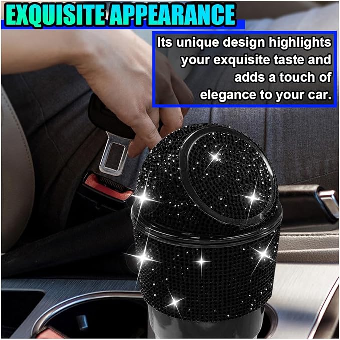 Bling Car Trash Can with Lid, Rhinestone Leakproof Waterproof Auto Cup Holder Garbage Bin, Portable Multipurpose Vehicle Dustbin and Organizer for Home Office Kitchen Bedroom (Black)