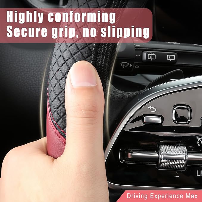 Leather Car Steering Wheel Cover, 15 Inch Anti-Slip Carbon Fiber Black Steering Wheel Cover, Universal Car Interior Accessories for Trucks Sedans SUVs (AD-Black & Red)