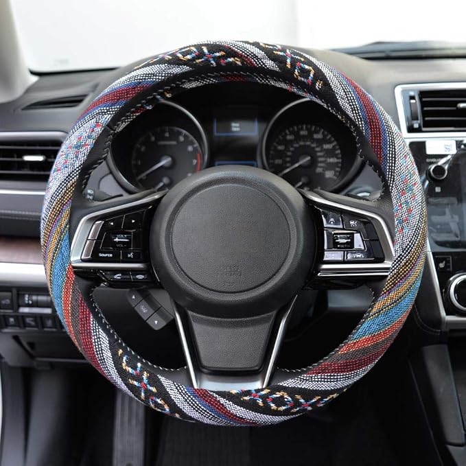 Blue Woven Saddle Blanket Steering Wheel Cover for Cars SUV Van Truck Auto - Driver Grip 15 inch