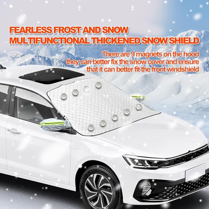 Car Windshield Snow Cover with Side Mirror and Hook, Winter Windshield Sun Shade Foldable, Magnetic Windshield Cover for Ice and Snow, Fit for Car/SUV, Pickup truck, 62"x50" Silver