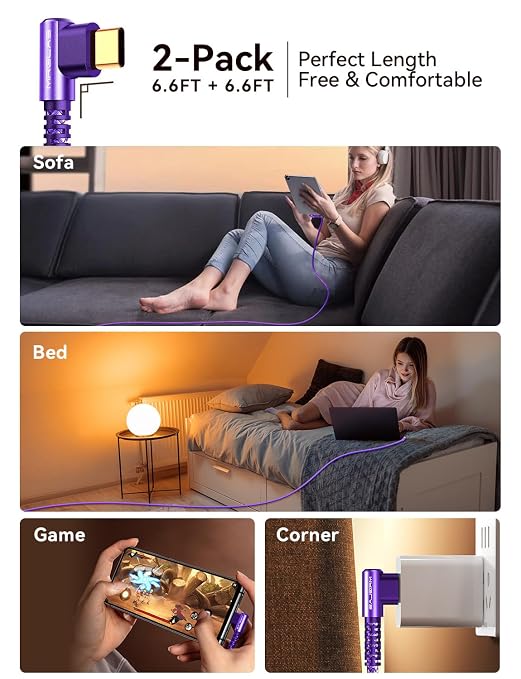 USB A to USB C Cable 3.2A 2-Pack [90°, Gold-Plated] 6.6+6.6FT Type C Charger Right Angle Nylon Braided Fast Charge Cable for iPhone 16 15 Galaxy S10 S9 Plus S21 Note 10 LG - Purple