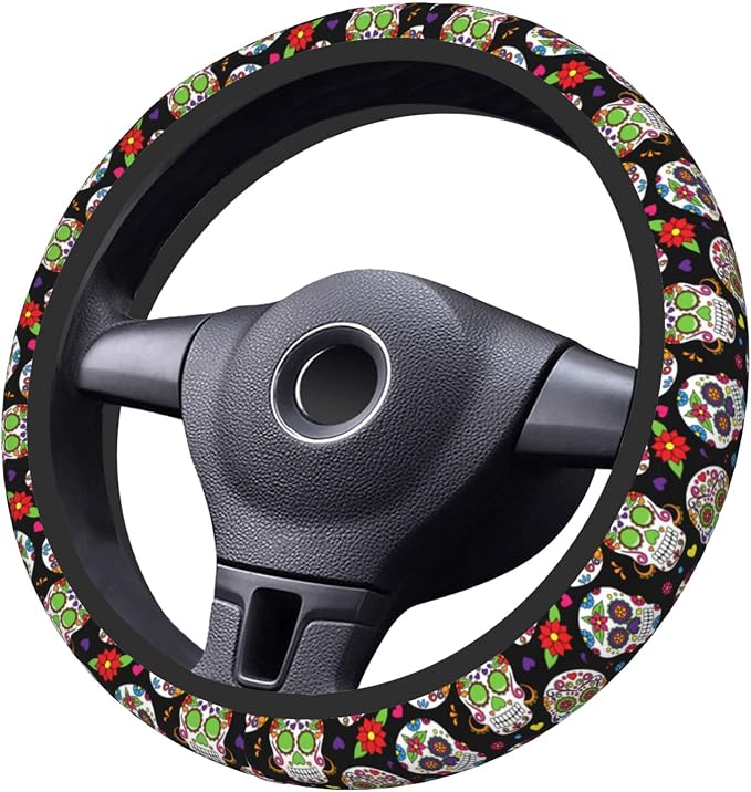 Cool Skull Steering Wheel Cover, Halloween Christmas Steering Wheel Covers, Non-Slip Breathable Neoprene Car Accessories Universal 15 Inch Fit Auto, Suvs, Truck