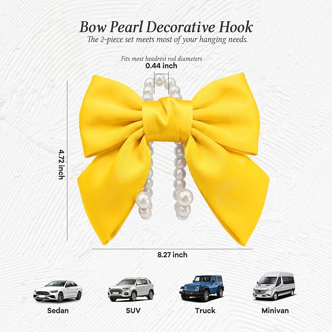2PCS Satin Bow Pearl Car Seat Headrest Hooks – Car Bag Holder & Vehicle Hanger for Purses – Cute Coquette Aesthetic Interior Decoration – Cute Auto Organizer Accessories Universal (Sunshine Yellow)