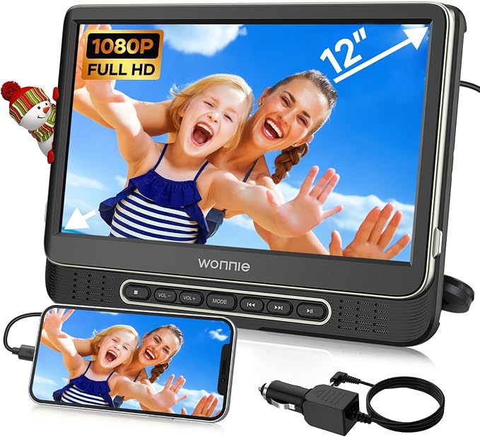 Car DVD Player, 12" Headrest DVD Player with Mount Bracket, Supports 1080P/MP4 Video, HDMI Input/Output, AV Out, AC Adapter, Car Charger, USB Card Reader, Last Memory, All Regions