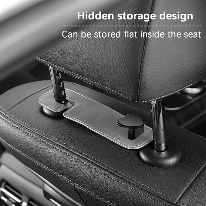 2PCS Car Seat Headrest Hook, Suede Leather Heart Hanger, Gray | 1.77x6.42 Inch, Universal fit, most Sedans/SUVs/Trucks, alloy core, half-open mount, interior accessories