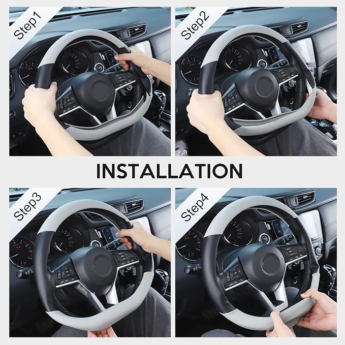 Flat Bottom Steering Wheel Cover, D Shaped Car Wheel Cover 14 1/2-15 in. (37-39 cm), Black Gray Microfiber Leather