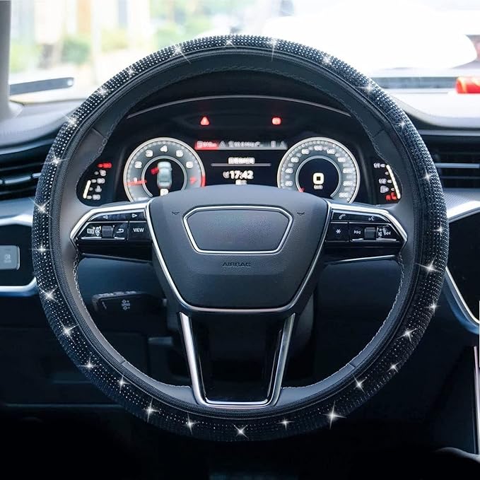 Bling Steering Wheel Cover, Rhinestone Steering Wheel Cover with Crystal Diamond for Women, Sparkling Car Wheel Protector Universal Fit 14-15 inches - Black