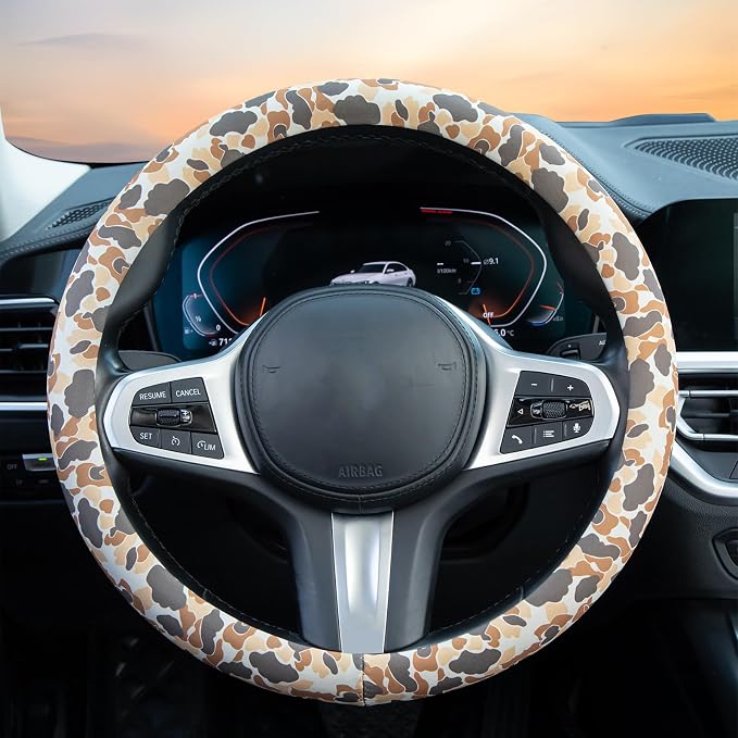 Tan Duck Camo Steering Wheel Cover Auto Steering Wheel Protector, Anti-Slip, Breathable, Absorbing Sweat, Universal Camo Car Accessories 14.5–15 inch,Fit for Most Car, Trucks, SUV