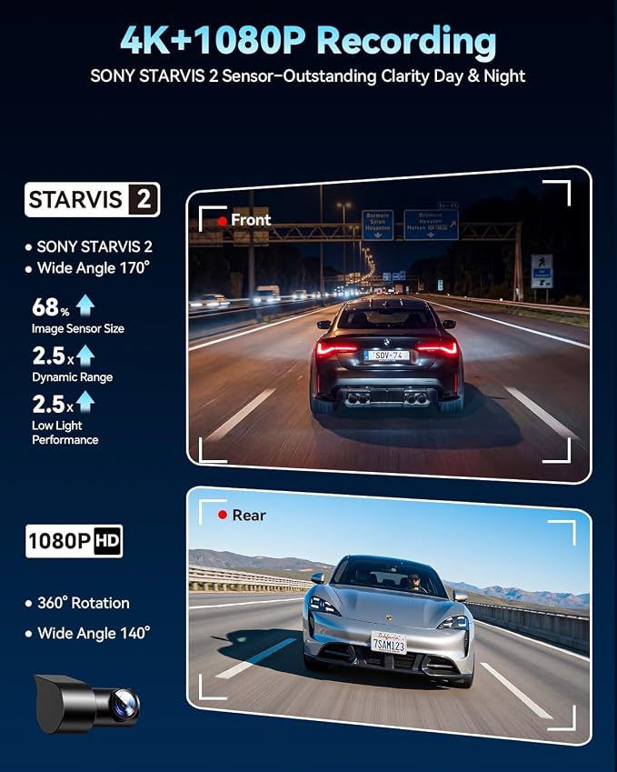 Front 4K & Rear 1080P STARVIS 2 Dash Cam for Honda Civic, Dual Channel Camera with Loop Recording, Gravity Sensor, WiFi & App, Plug & Play