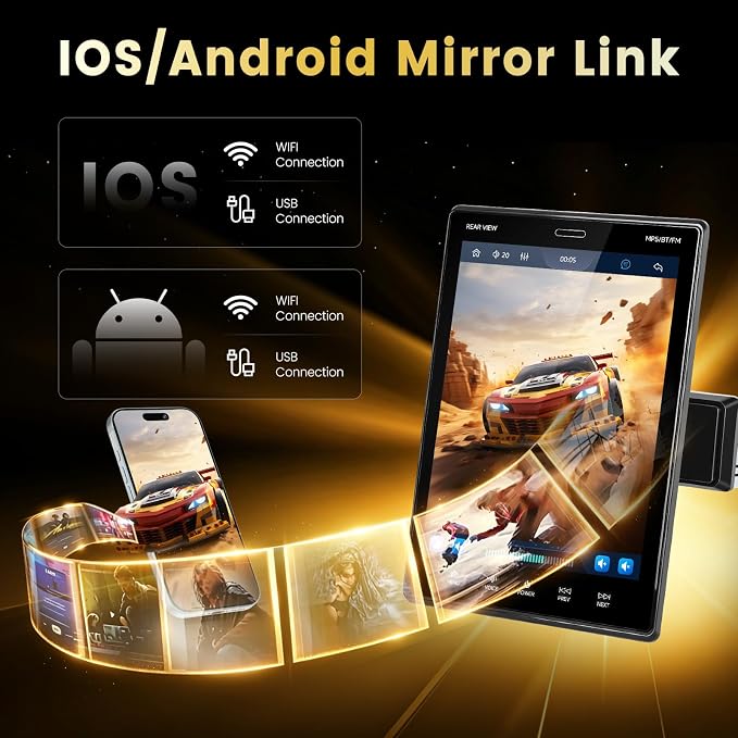 9.5'' Single Din Car Stereo with Wireless CarPlay Android Auto,HD IPS Adjustable Screen Vertical Radio with Bluetooth, USB, Mirror Link, SWC, Bluetooth, Car Play, FM/AM/RDS Radio, Backup Camera