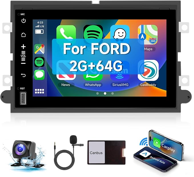 4Core+64G Car Radio Stereo for Ford F150/F250/F350 2004-2014, 7 inch 1080P Touch Screen Car Stereo with Wireless CarPlay Andriod Auto, Bluetooth, GPS, HiFi, SWC, WiFi, HD Backup Camera