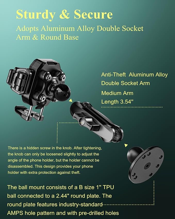 Anti-Theft Phone Mount Holder with Vibration Dampener, 1s Locking | Don't Block Camera, with Aluminum Round Base & Medium Arm, for Car Boat Truck Motorcycle UTV, Fit 5.4-7.2'' Smartphones