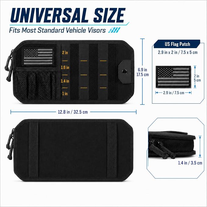 MOLLE Car Sun Visor Organizer with Semi-Rigid Panel, Zipper Storage Pouch & Glasses Holder, Adjustable Straps for Police Gear, Overland Accessories, Fits Trucks, SUVs, Jeeps,Pickups