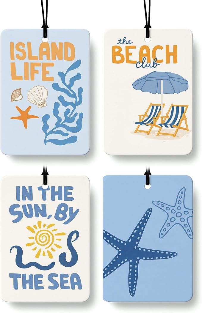 Coastal Beach Car Air Freshener 4 Pcs Coconut Scented, Nautical Seagrass Starfish Ocean Car Accessories Mirror Decor for Women, Blue Beachy Hanging Air Freshener for Cars Closet Drawer Books