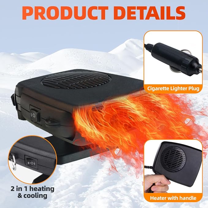 Car Heater, 12V 200W Portable Fast Defroster and Defogger, 2026 New Upgrade 2-in-1 Heater & Cool Fan with Handle, Plug into Cigarette Lighter for Car, SUV, Truck