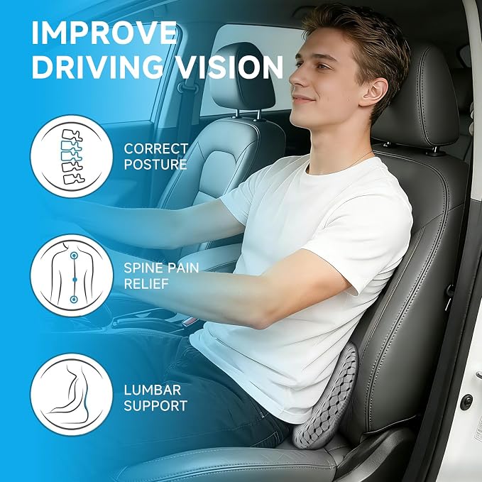Car Seat Cushion - Memory Foam Seat Pad for Sciatica & Lower Back Pain Relief - Driving Cushion with Breathable Mesh Cover - Road Trip Essentials for Drivers (3D Gray)