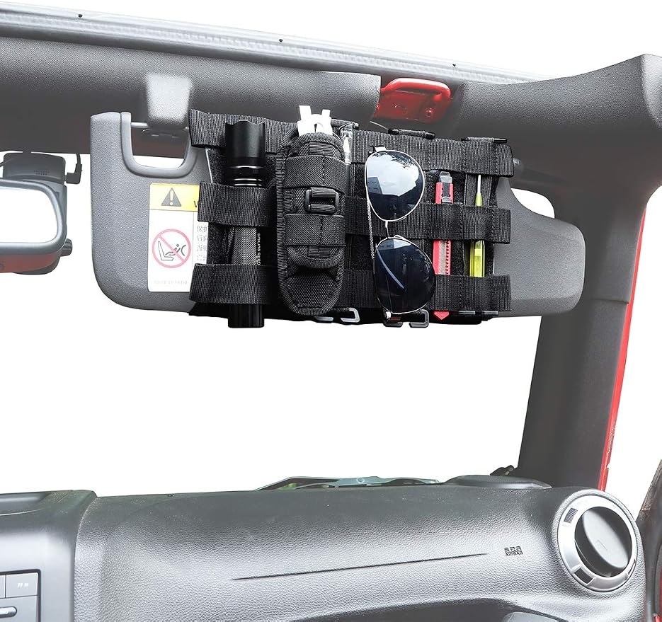 Tactical Sun Visor Organizer Front Visor Storage Cover for 2007-2023 Jeep Wrangler JK JL & Gladiator JT, Interior Storage Accessories, Black, 1 PCS