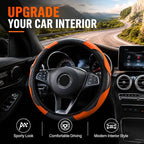 Car Steering Wheel Cover 15 inch, Microfiber PU Leather Elastic Steering Wheel Protector, Anti-Slip Breathable Car Interior Accessories for Most Cars (Orange)