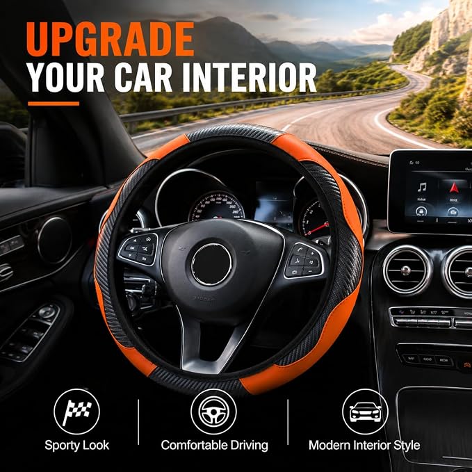 Car Steering Wheel Cover 15 inch, Microfiber PU Leather Elastic Steering Wheel Protector, Anti-Slip Breathable Car Interior Accessories for Most Cars (Orange)