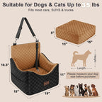 Elevated Dog Car Seat for Small/Medium Dogs up to 35 lbs, Memory Foam Booster Seat with Detachable Washable Cover, Travel-Safe Car Bed with Safety Belts & Storage Pockets, Brown