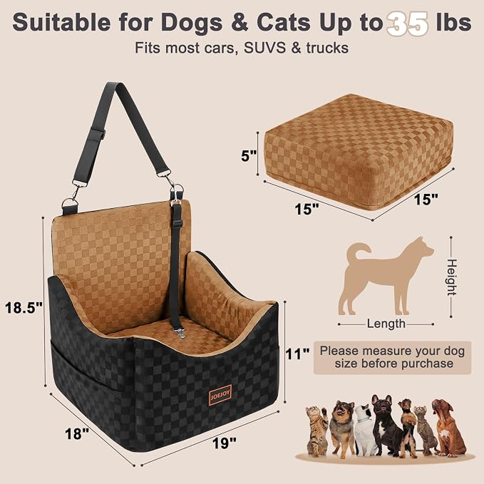 Elevated Dog Car Seat for Small/Medium Dogs up to 35 lbs, Memory Foam Booster Seat with Detachable Washable Cover, Travel-Safe Car Bed with Safety Belts & Storage Pockets, Brown