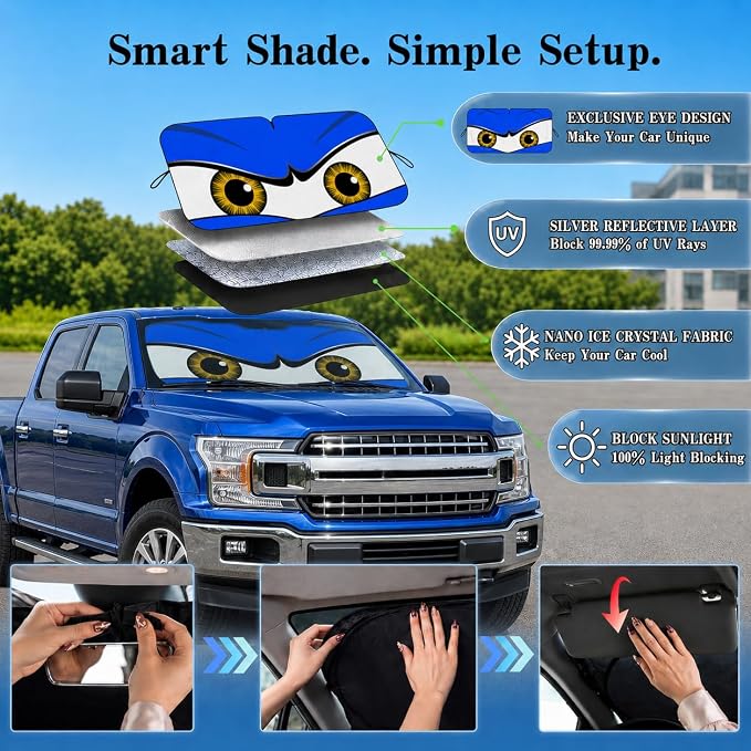 Car Windshield Sun Shade, Universal Fit Full-Size SUV Pickup, Monster Blue | 63 x 33.86" Large Foldable Windshield Cover, Foldable Front Window Sunshade, UV Heat Blocker, Cute Eyes Series