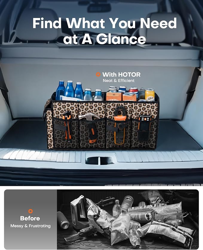 Trunk Organizer - Car Organizer, Foldable Trunk organizer for SUVs & Sedans, Sturdy Car Organization for Car Accessories, Tools, Sundries, Brown Leopard, 2 Compartments, 21.3"×12.6"×10.6"