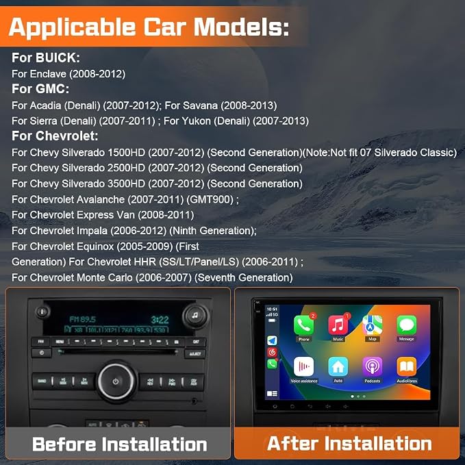 4Core 64GB ROM Car Radio Stereo for Chevy Silverado Tahoe GMC Sierra Yukon 2007-2013, 8 Inch IPS Touch Screen with CarPlay Android Auto Bluetooth GPS Navigation Backup Camera