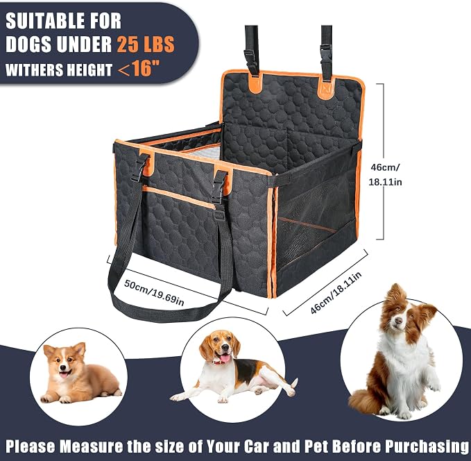 Dog Car Seat for Medium Small Dogs, Pet Car Seat with Adjustable Safety Belt & Storage Pockets, Breathable Waterproof Pet Car Seats Cover, Small Dog Seats for Dogs Under 30lbs (Medium, Orange)