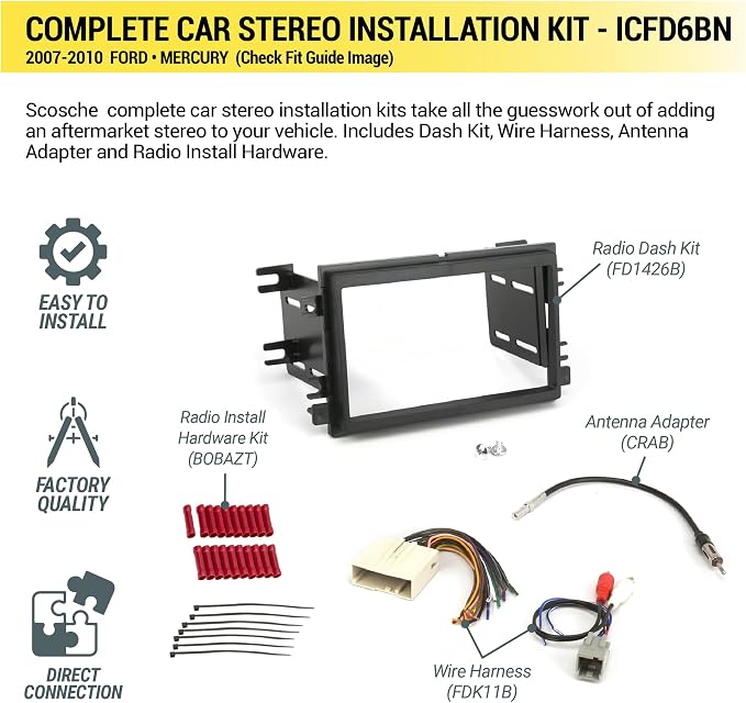 ICFD6BN Double DIN Radio Installation Dash Kit Compatible with Select 2007-2010 Ford and Mercury Vehicles - Complete Basic Aftermarket Car Stereo Install Kit - See Fit Guide Image for Vehicles