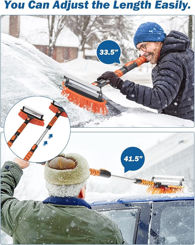 41.5IN Extendable Snow Brush and Ice Scraper, 270°Pivoting Snow Scraper Brush for Car Windshield, Telescoping Ice Scraper, Foam Grip, Heavy Duty Snow Remover for Cars, Trucks, SUV (Orange)