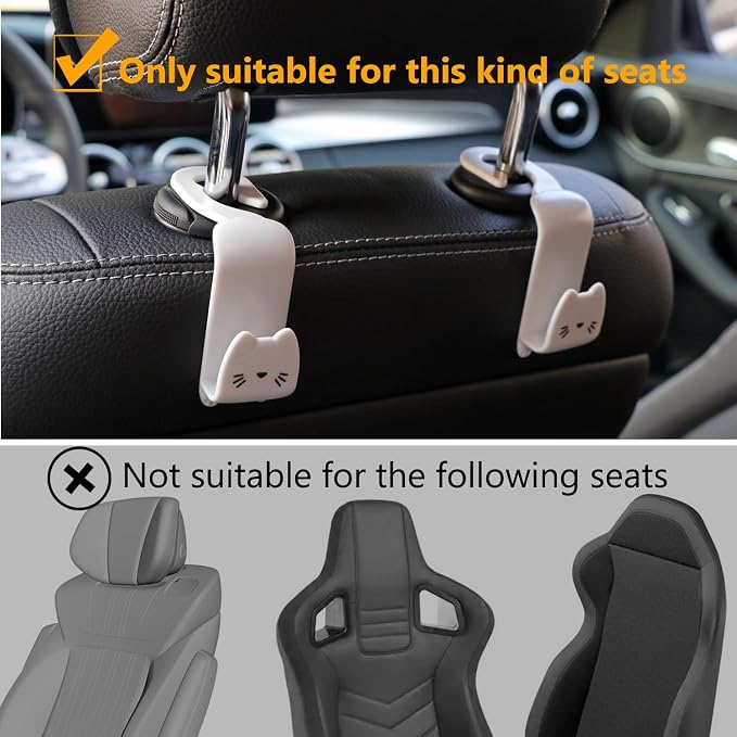 Light Grey Cute Cat Car Seat Headrest Hooks, 2 Pack 360 Rotation Universal Car Purse Hook with Phone Holder, 44LBS Heavy Duty Vehicle Hanger for Bags Coats Groceries