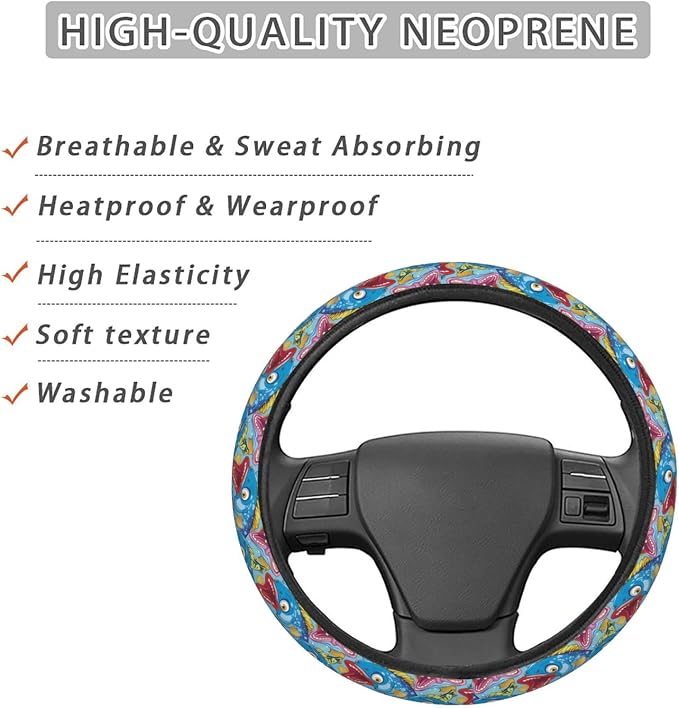 Colorful Cartoon Bass Fishes Steering Wheel Covers Anti-Slip Elasticity Car Accessories Steering Wheel Protector Universal 15 Inch for Cars SUV Vehicle Truck
