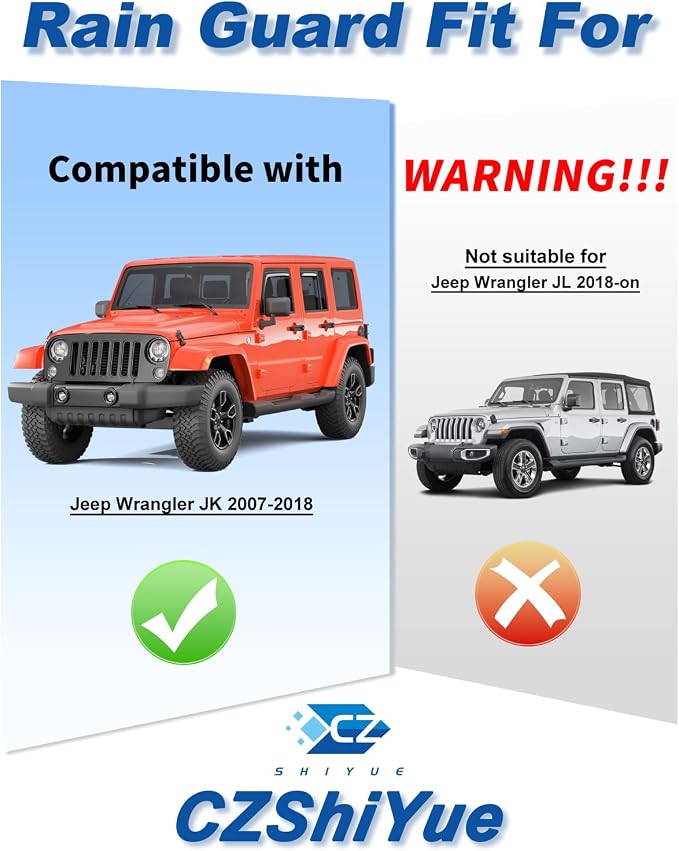 in-Channel Rain Guards Fit for Jeep Wrangler JK 2007-2018 Window Rain Guard Extra Durable Window Deflectors Window Vent Visors Vent Shades Exterior Car Accessories