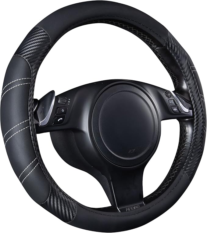 Line Rider Microfiber Leather Sporty 14.5-15 inch Steering Wheel Cover Universal Fits for 95% Truck,SUV,Cars, Anti-Slip Safety Comfortable Design (Black Carbon Fiber)