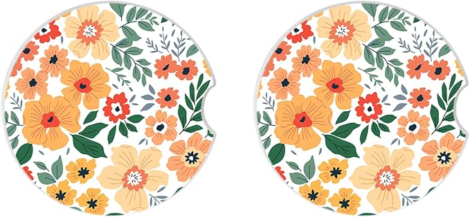 Flowers Absorbent Car Coasters for Cup Holders,2 Pack 2.56" Ceramic Coasters with Cork Back and Finger Slot, Auto Accessories for Women & Men.