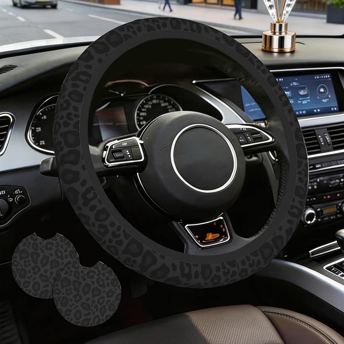 Black Leopard Steering Wheel Cover with 2 PCS Cup Coasters for Car,Black Cheetah Print 15 Inch Non-Slip Neoprene Steering Wheel Covers,Breathable Car Accessories Fit for Men Women
