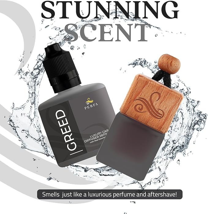 Greed Gift Set with Refill Bottle | Perfume Inspired Car Fragrances | Strong Car Freshener with Odor Eliminator Technology | Greed Automotive Freshener by