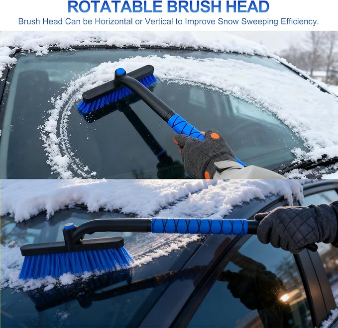 26" Snow Brush & Ice Scraper for Car Windshield and Window | 2 - in - 1 Winter Tool with Premium Bristles for Cars/SUVs/Trucks — Rotating Head, Heavy - Duty ABS | Ergonomic Foam Grip (FrostHug Blue)