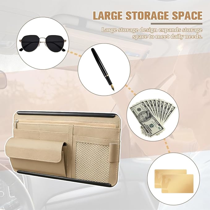 Car Sun Visor Organizer with Zipper Pocket, Multi-Pocket Vehicle Visor Storage Pouch with Card Sleeve, Eyeglasses Holder Box, Auto Interior Sunvisor Organizer Pocket, Universal Fit (Beige)